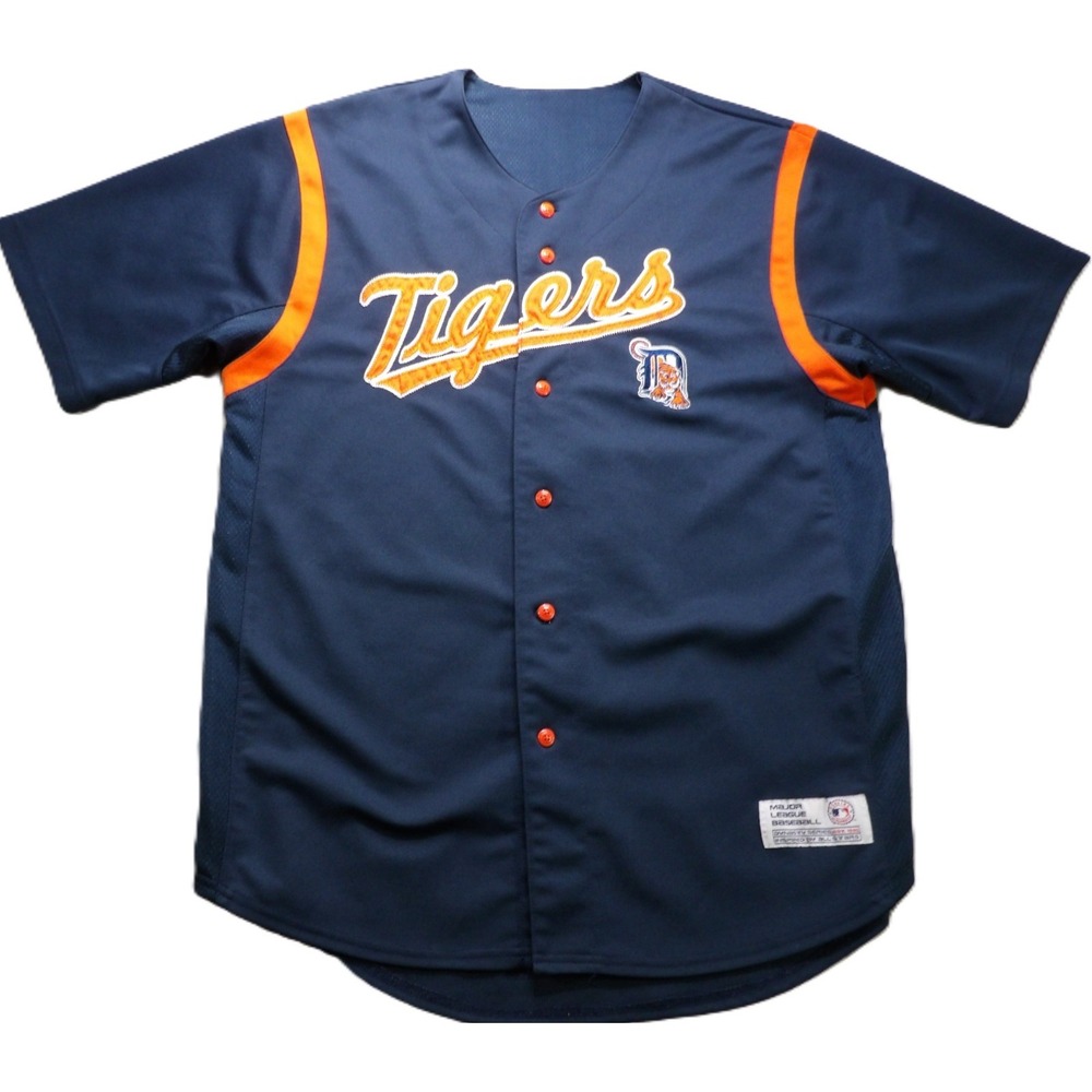 VTG Dynasty Detroit Tigers MLB Button Jersey Men L Navy Orange Sewn Baseball 90s